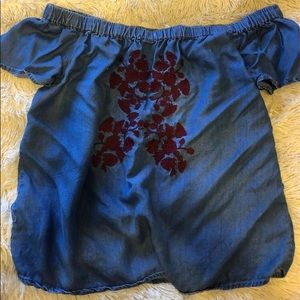 Off the shoulder, soft denim like material